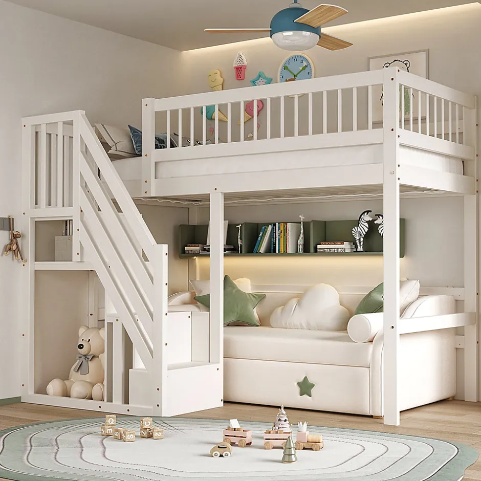 Enfant ProximaX Lit surélevé 90x200 cm bois massif blanc, escalier + armoire intégrée, lit simple pour enfants et ados