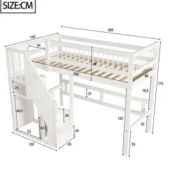 Enfant ProximaX Lit surélevé 90x200 cm bois massif blanc, escalier + armoire intégrée, lit simple pour enfants et ados