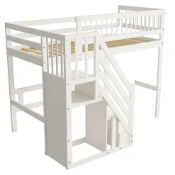 Enfant ProximaX Lit surélevé 90x200 cm bois massif blanc, escalier + armoire intégrée, lit simple pour enfants et ados