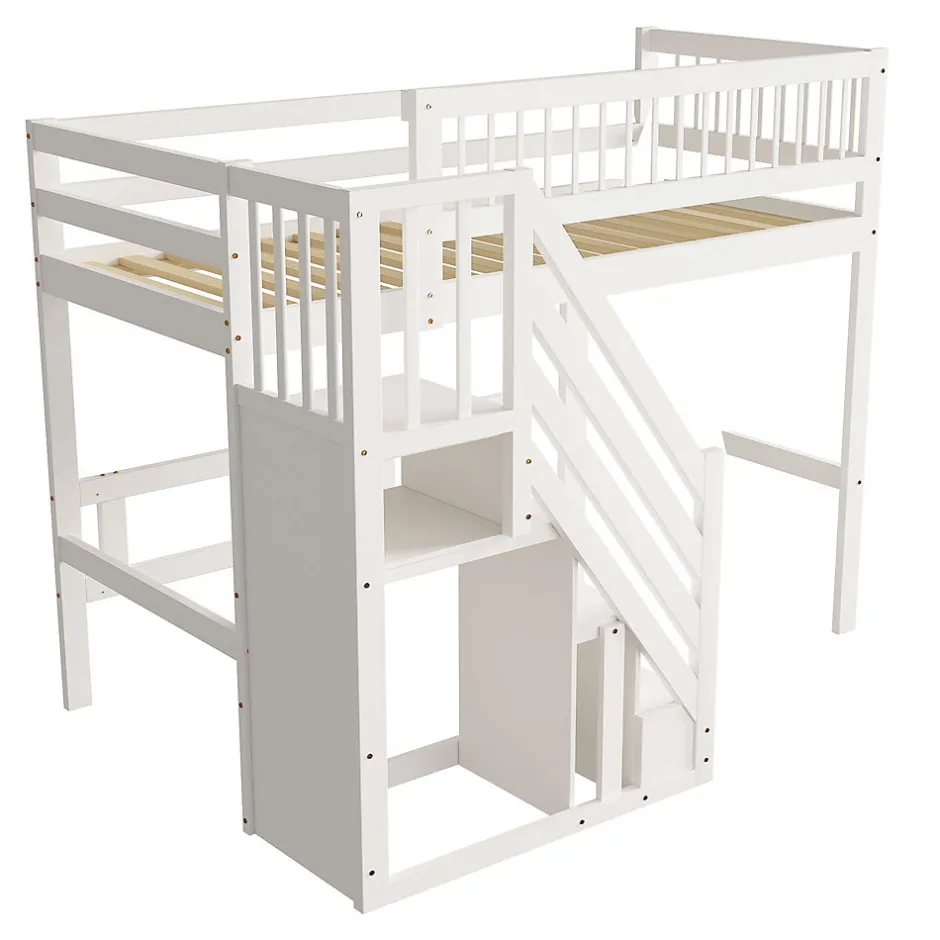 Enfant ProximaX Lit surélevé 90x200 cm bois massif blanc, escalier + armoire intégrée, lit simple pour enfants et ados