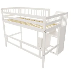 Enfant ProximaX Lit surélevé 90x200 cm bois massif blanc, escalier + armoire intégrée, lit simple pour enfants et ados