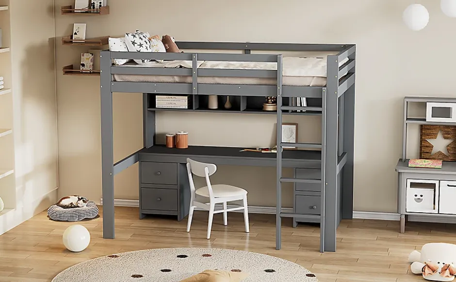 Fortuna lai Lit surélevé 90x200cm, avec bureau et grand rangement, Gris New