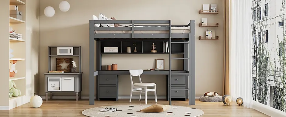 Fortuna lai Lit surélevé 90x200cm, avec bureau et grand rangement, Gris New