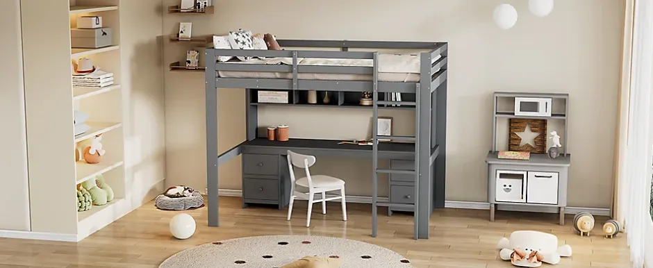 Fortuna lai Lit surélevé 90x200cm, avec bureau et grand rangement, Gris New