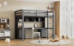 Fortuna lai Lit surélevé 90x200cm, avec bureau et grand rangement, Gris New
