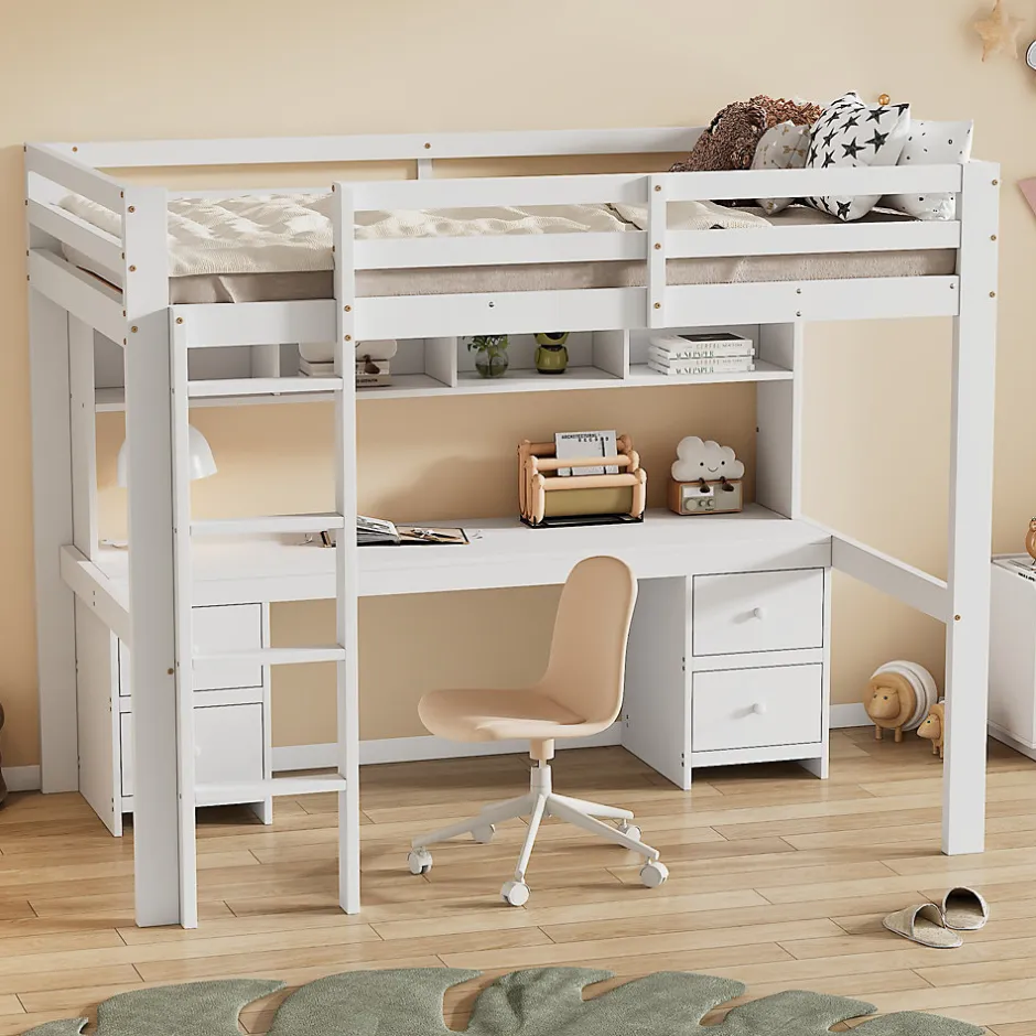 Enfant Fortuna lai Lit surélevé 90x200cm, avec bureau et grand rangement, Blanc