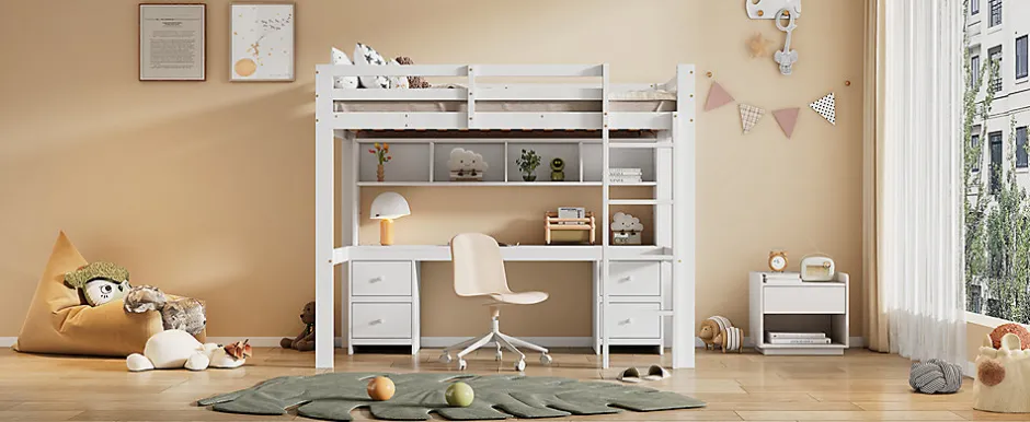 Enfant Fortuna lai Lit surélevé 90x200cm, avec bureau et grand rangement, Blanc