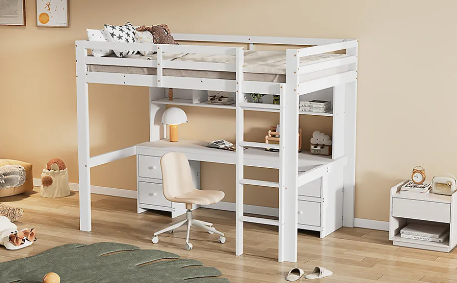Enfant Fortuna lai Lit surélevé 90x200cm, avec bureau et grand rangement, Blanc