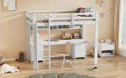 Enfant Fortuna lai Lit surélevé 90x200cm, avec bureau et grand rangement, Blanc
