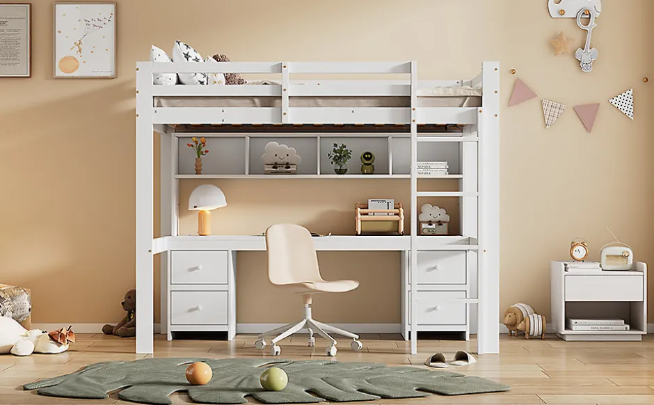 Enfant Fortuna lai Lit surélevé 90x200cm, avec bureau et grand rangement, Blanc