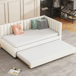 Redom Lit tapissé 90 par 200 cm canapé-lit extensible lit multifonction avec sommier lits invités tissu velours beige Hot