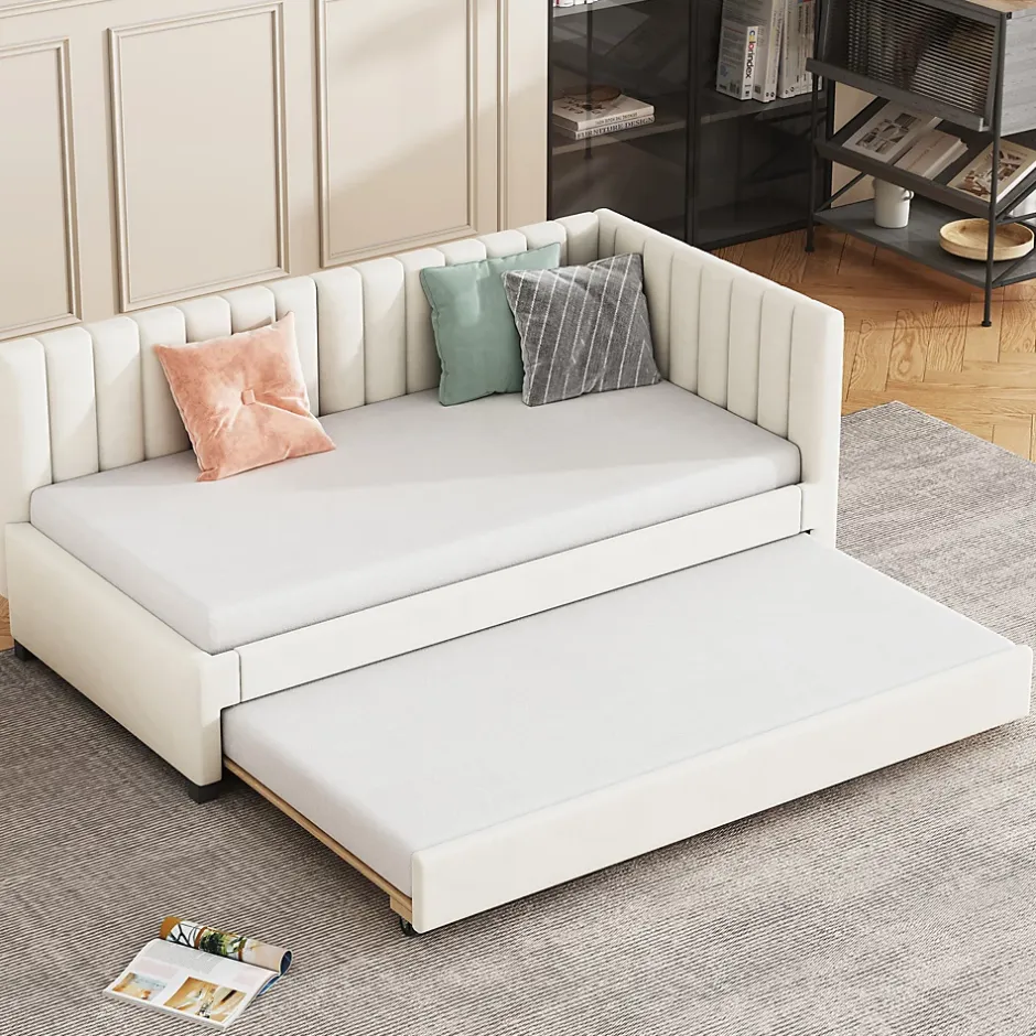 Redom Lit tapissé 90 par 200 cm canapé-lit extensible lit multifonction avec sommier lits invités tissu velours beige Hot