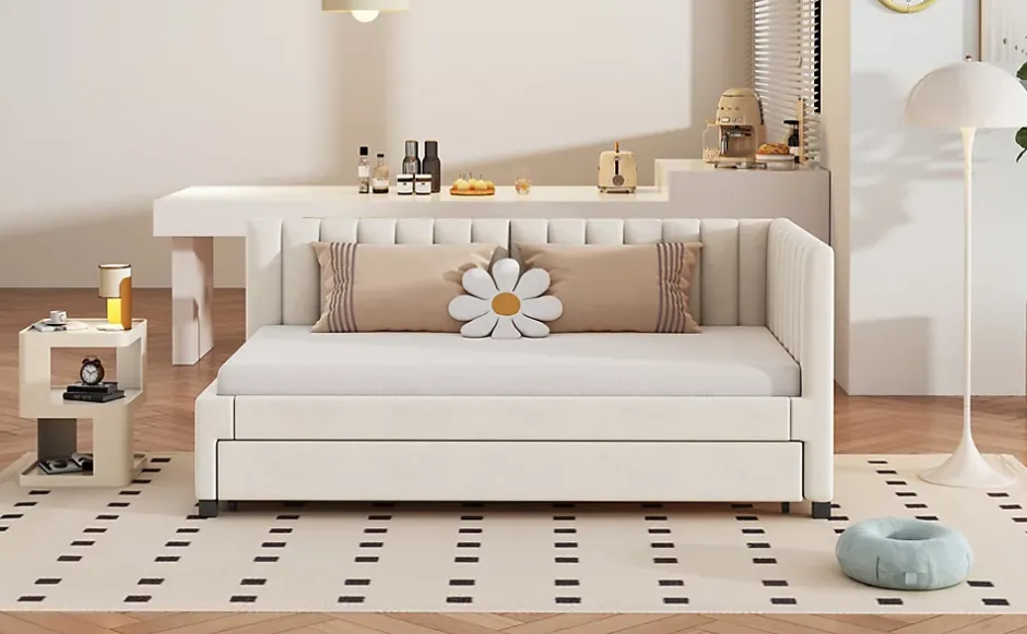 Redom Lit tapissé 90 par 200 cm canapé-lit extensible lit multifonction avec sommier lits invités tissu velours beige Hot