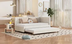 Redom Lit tapissé 90 par 200 cm canapé-lit extensible lit multifonction avec sommier lits invités tissu velours beige Hot