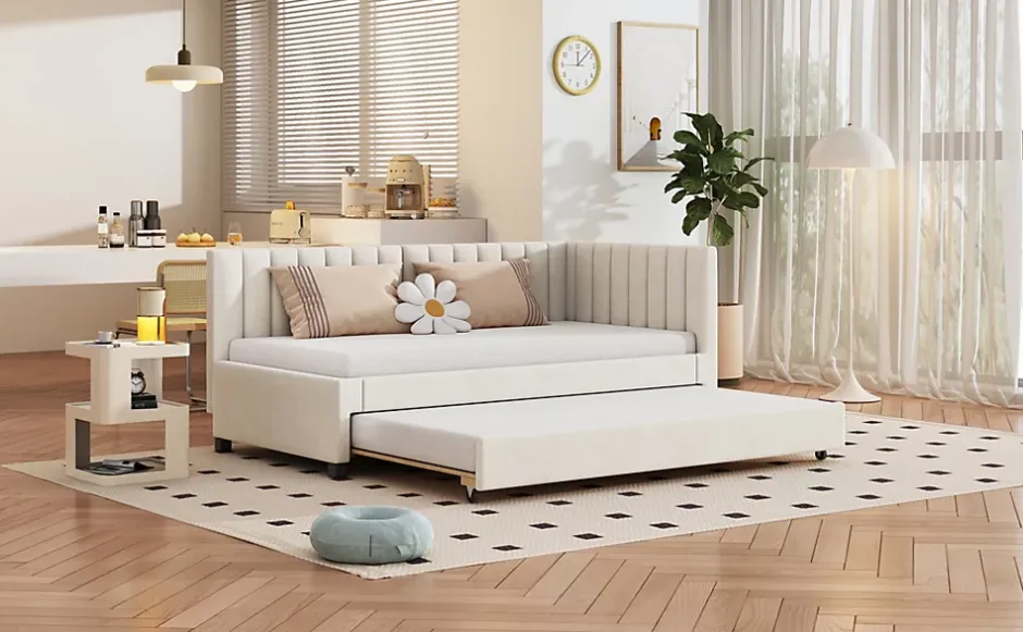 Redom Lit tapissé 90 par 200 cm canapé-lit extensible lit multifonction avec sommier lits invités tissu velours beige Hot