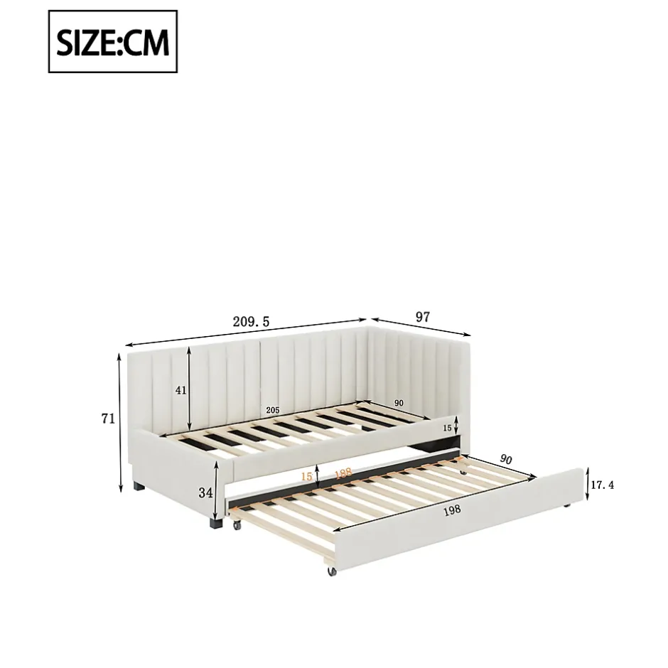 Redom Lit tapissé 90 par 200 cm canapé-lit extensible lit multifonction avec sommier lits invités tissu velours beige Hot