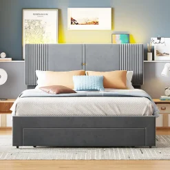 Redom Lit tapissé 140 par 200 cm lit double LED USB dossier tiroir velours gris adultes et adolescents