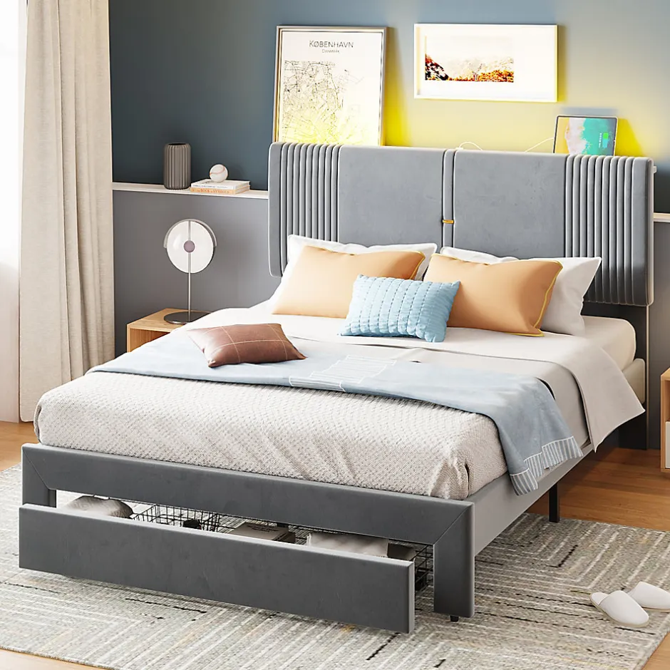 Redom Lit tapissé 140 par 200 cm lit double LED USB dossier tiroir velours gris adultes et adolescents