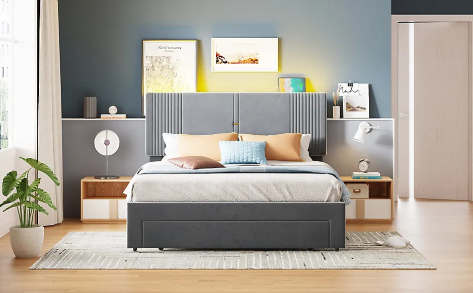 Redom Lit tapissé 140 par 200 cm lit double LED USB dossier tiroir velours gris adultes et adolescents