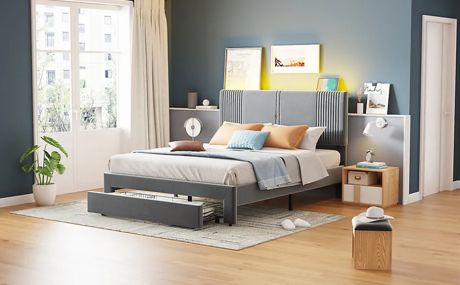 Redom Lit tapissé 140 par 200 cm lit double LED USB dossier tiroir velours gris adultes et adolescents