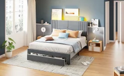 Redom Lit tapissé 140 par 200 cm lit double LED USB dossier tiroir velours gris adultes et adolescents