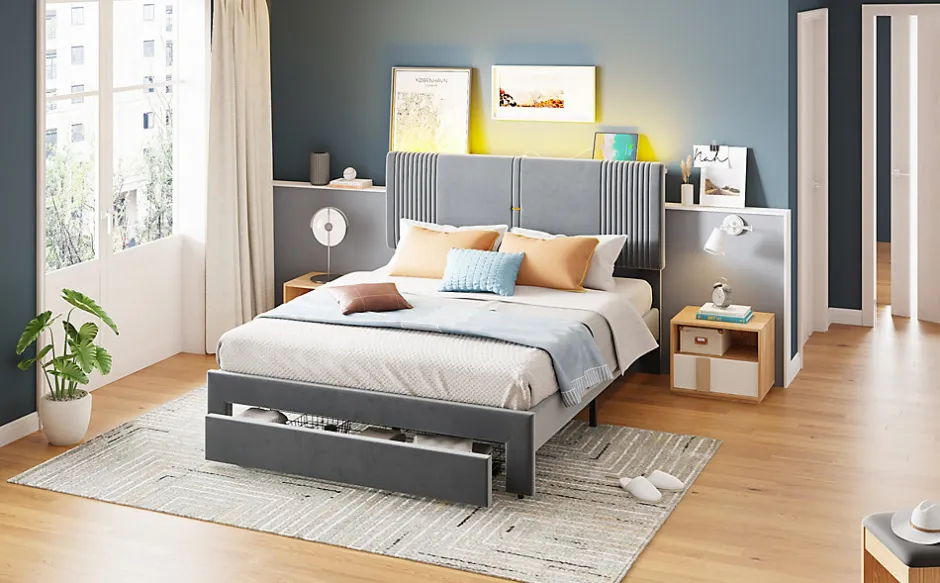 Redom Lit tapissé 140 par 200 cm lit double LED USB dossier tiroir velours gris adultes et adolescents