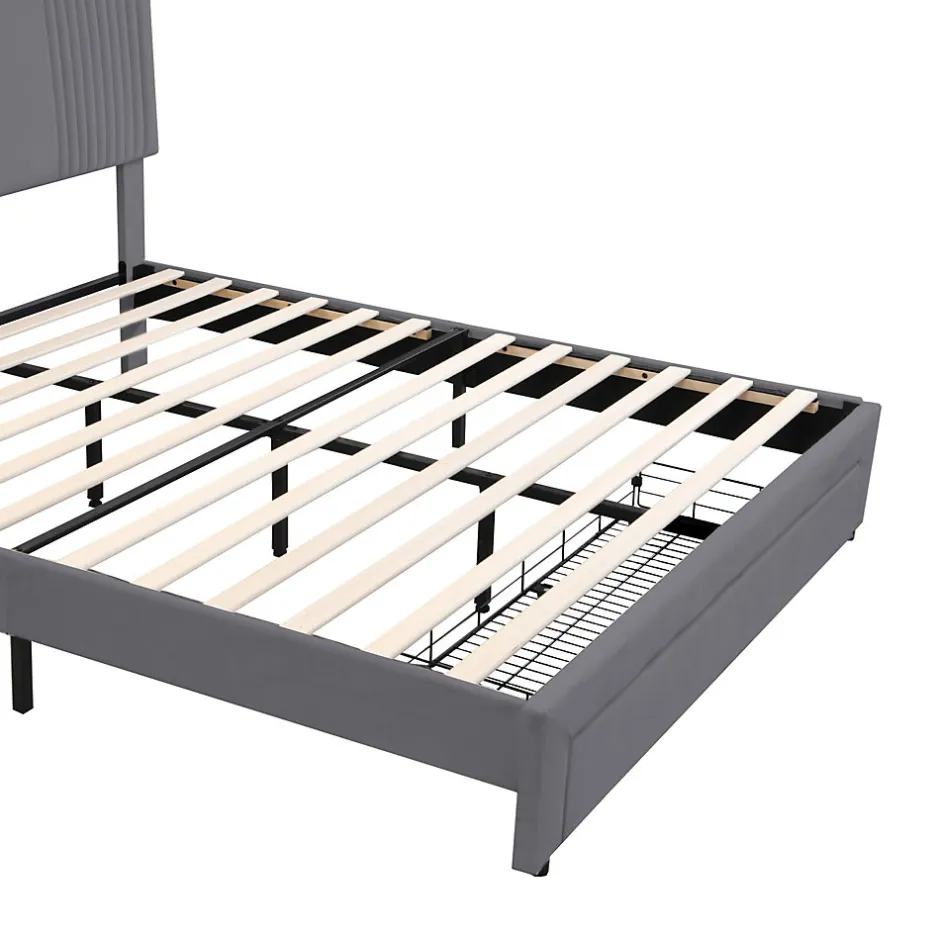 Redom Lit tapissé 140 par 200 cm lit double LED USB dossier tiroir velours gris adultes et adolescents