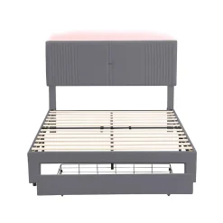 Redom Lit tapissé 140 par 200 cm lit double LED USB dossier tiroir velours gris adultes et adolescents
