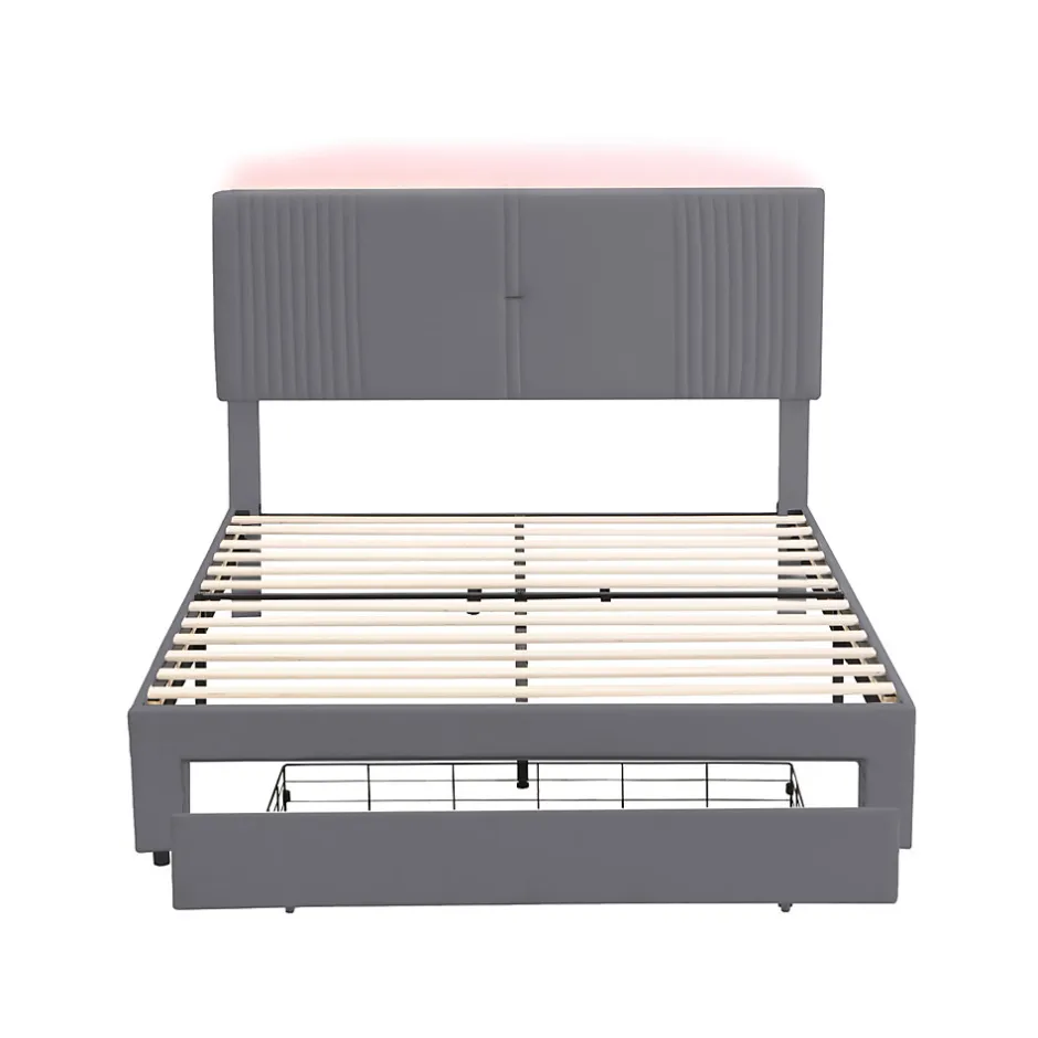 Redom Lit tapissé 140 par 200 cm lit double LED USB dossier tiroir velours gris adultes et adolescents