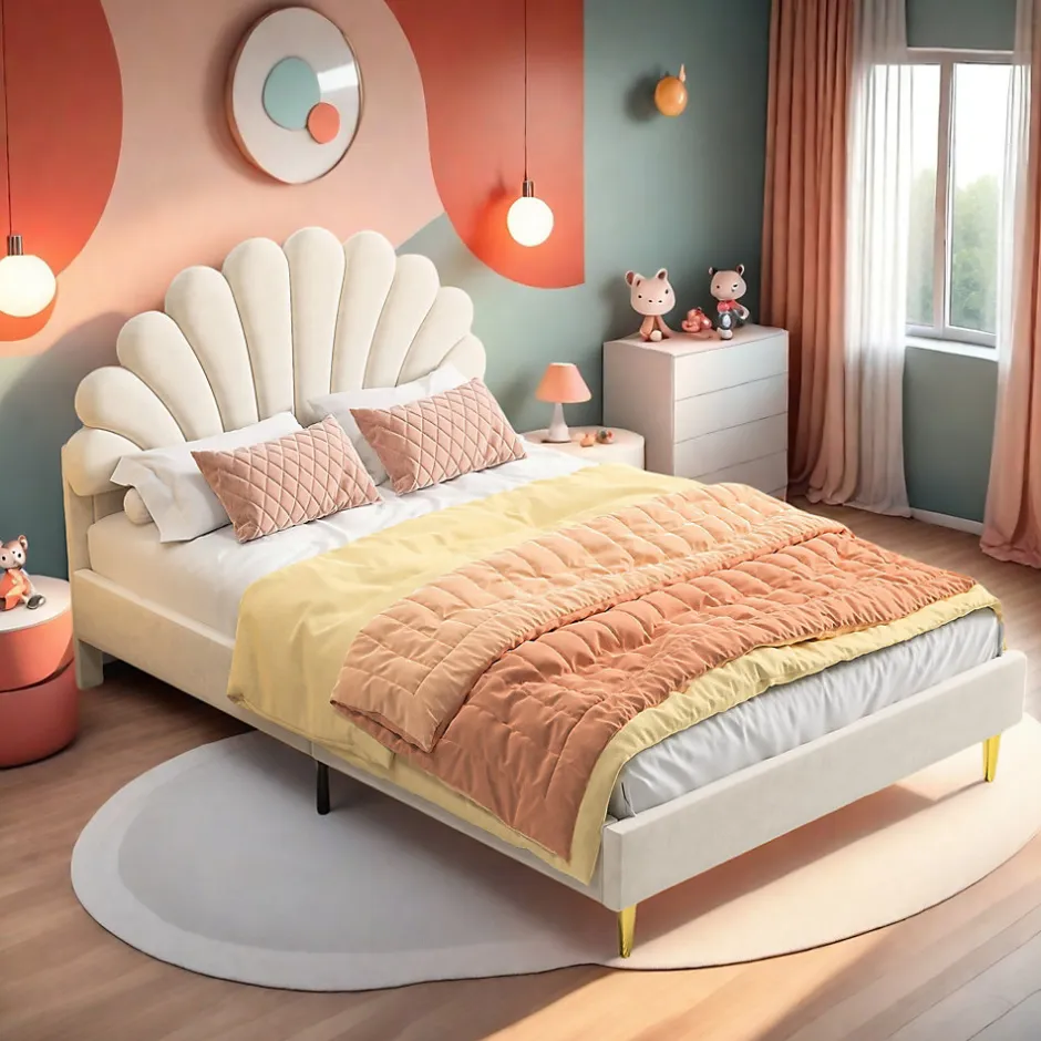 ProximaX Lit tapissé de velours, 140x200 cm, lit double, lit en forme de pétale, pieds en fer doré, sommier en bois, beige