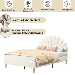 ProximaX Lit tapissé de velours, 140x200 cm, lit double, lit en forme de pétale, pieds en fer doré, sommier en bois, beige