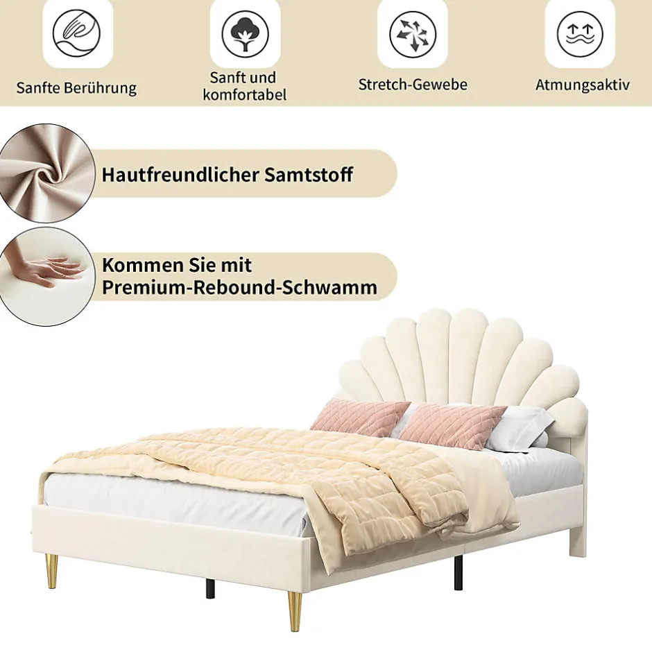 ProximaX Lit tapissé de velours, 140x200 cm, lit double, lit en forme de pétale, pieds en fer doré, sommier en bois, beige