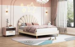 ProximaX Lit tapissé de velours, 140x200 cm, lit double, lit en forme de pétale, pieds en fer doré, sommier en bois, beige