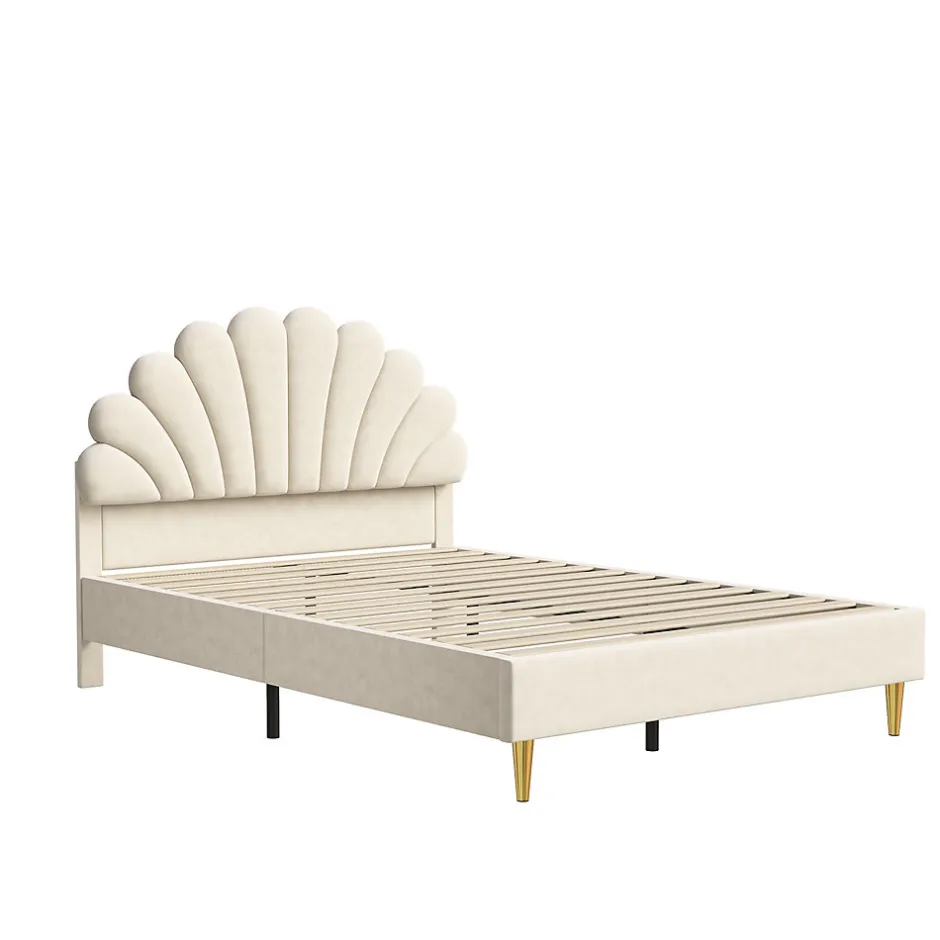 ProximaX Lit tapissé de velours, 140x200 cm, lit double, lit en forme de pétale, pieds en fer doré, sommier en bois, beige