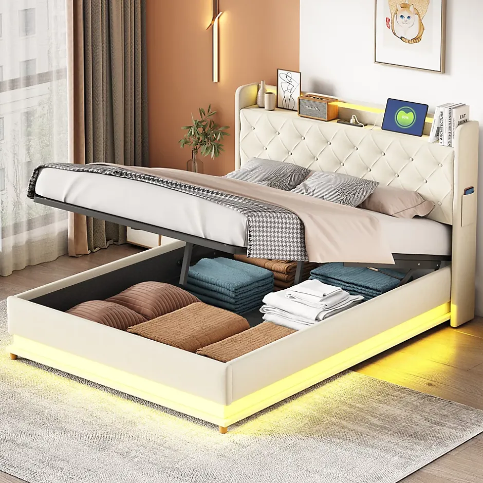 Redom Lit tapissé LED 140 par 200 cm USB rangement hydraulique tissu lin beige adultes et adolescents