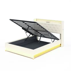 Redom Lit tapissé LED 140 par 200 cm USB rangement hydraulique tissu lin beige adultes et adolescents