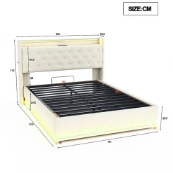 Redom Lit tapissé LED 140 par 200 cm USB rangement hydraulique tissu lin beige adultes et adolescents