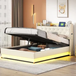 Redom Lit tapissé LED 140 par 200 cm USB rangement hydraulique tissu lin beige adultes et adolescents