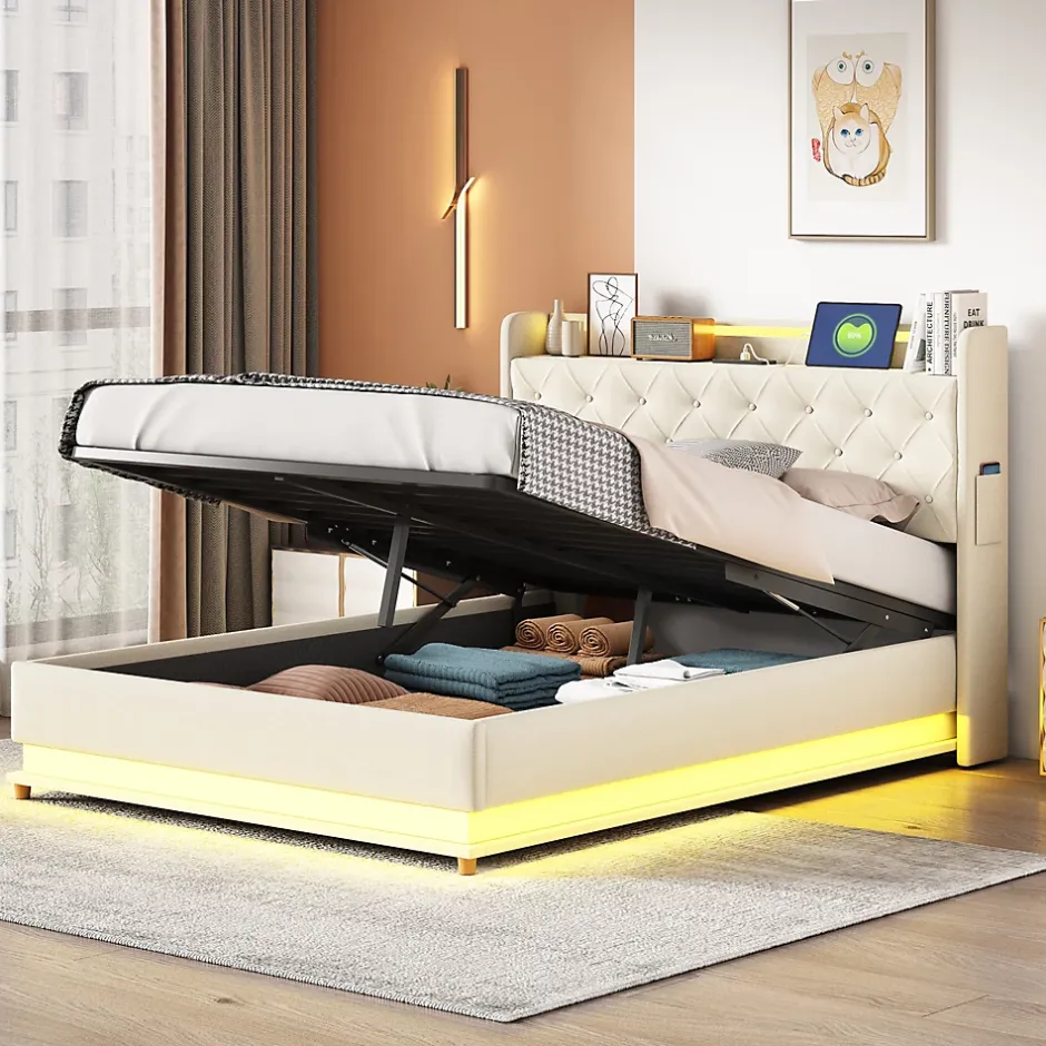 Redom Lit tapissé LED 140 par 200 cm USB rangement hydraulique tissu lin beige adultes et adolescents