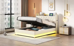 Redom Lit tapissé LED 140 par 200 cm USB rangement hydraulique tissu lin beige adultes et adolescents