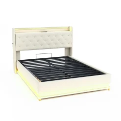 Redom Lit tapissé LED 140 par 200 cm USB rangement hydraulique tissu lin beige adultes et adolescents