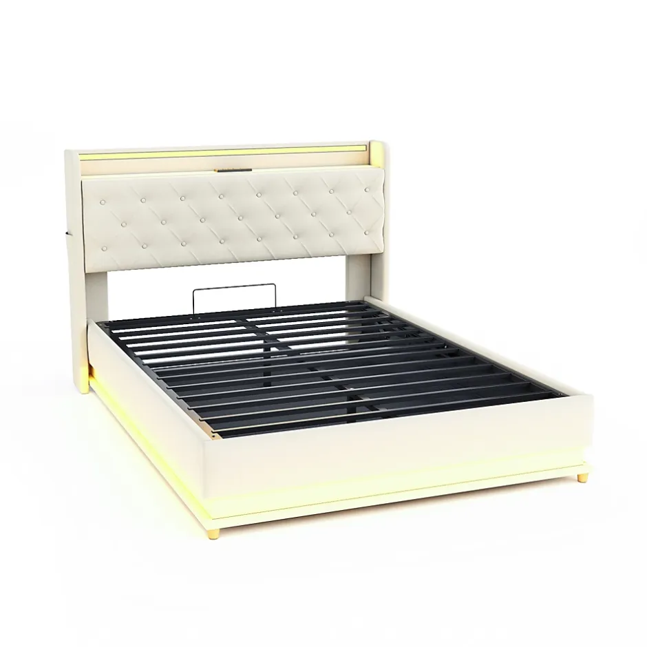 Redom Lit tapissé LED 140 par 200 cm USB rangement hydraulique tissu lin beige adultes et adolescents