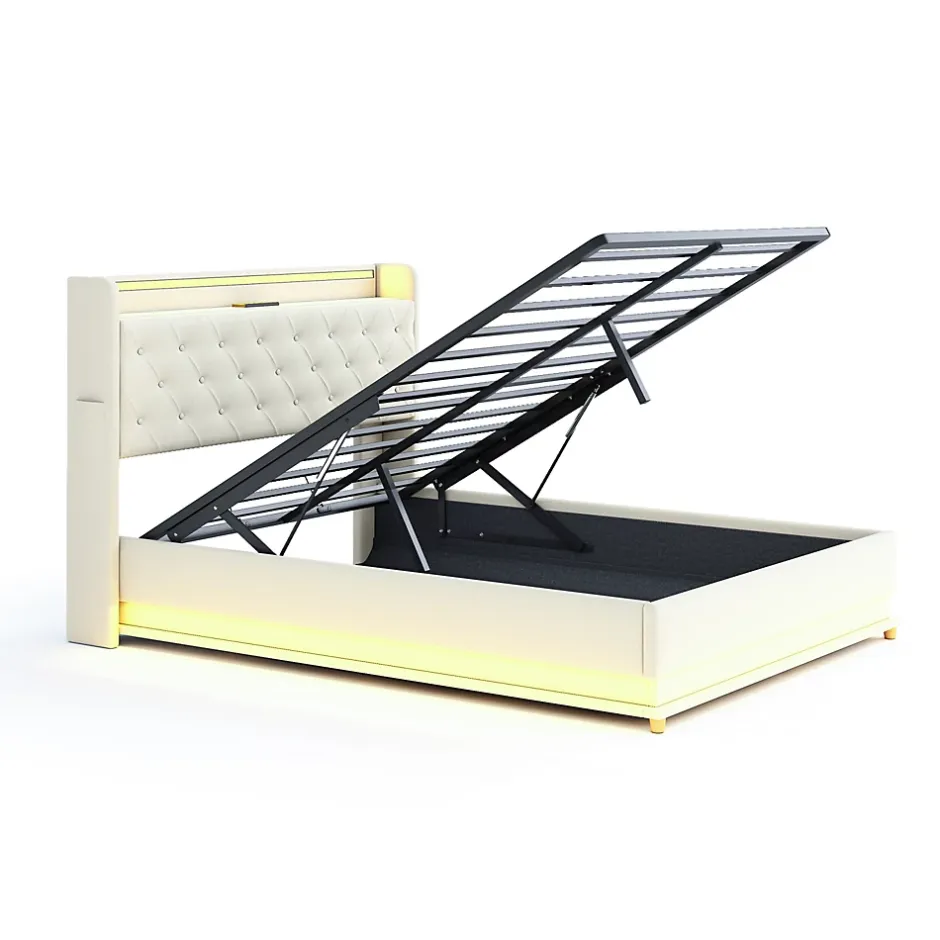 Redom Lit tapissé LED 140 par 200 cm USB rangement hydraulique tissu lin beige adultes et adolescents