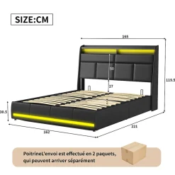 ProximaX Lit tapissé 160x200 cm en PU noir avec LED, ports USB, sommier hydraulique et grand espace de rangement