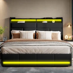 ProximaX Lit tapissé 160x200 cm en PU noir avec LED, ports USB, sommier hydraulique et grand espace de rangement