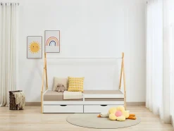 Vente-unique Lit tipi 90 x 190 cm avec tiroirs - Pin et MDF - Coloris : Blanc et naturel - LUANCO