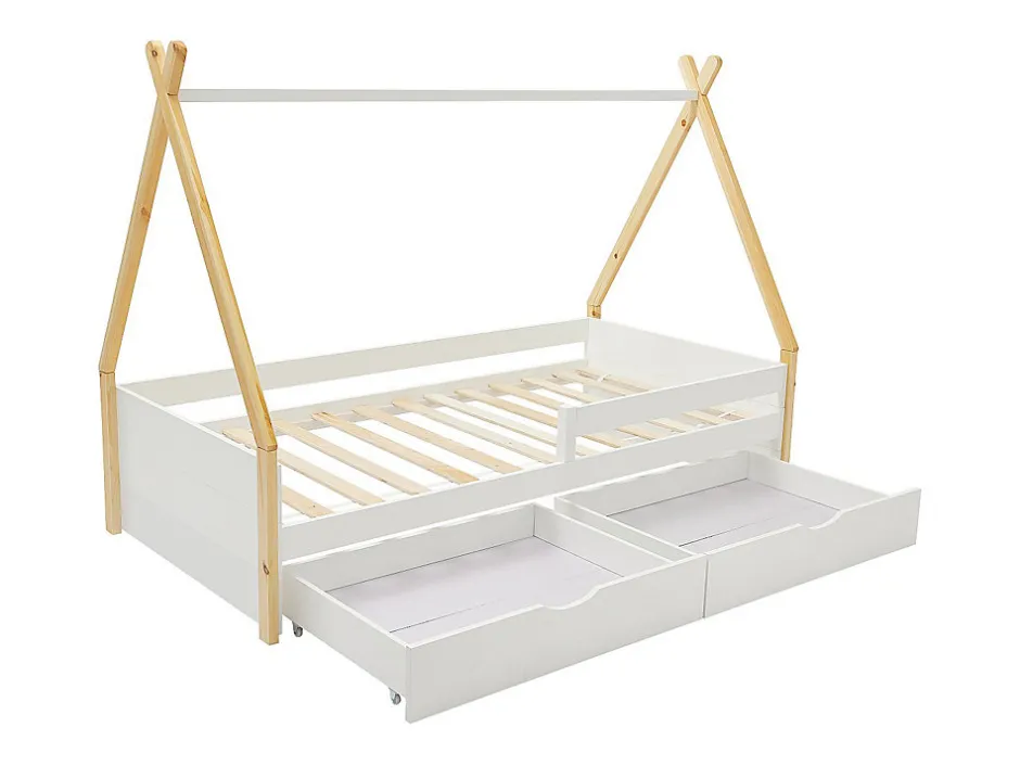 Vente-unique Lit tipi 90 x 190 cm avec tiroirs - Pin et MDF - Coloris : Blanc et naturel - LUANCO