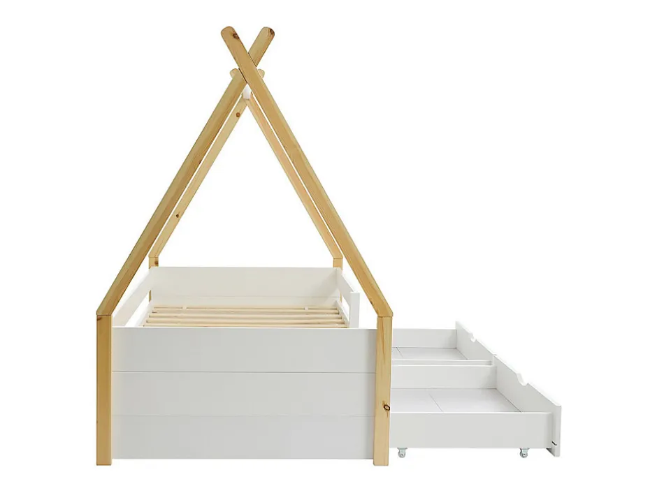 Vente-unique Lit tipi 90 x 190 cm avec tiroirs - Pin et MDF - Coloris : Blanc et naturel - LUANCO