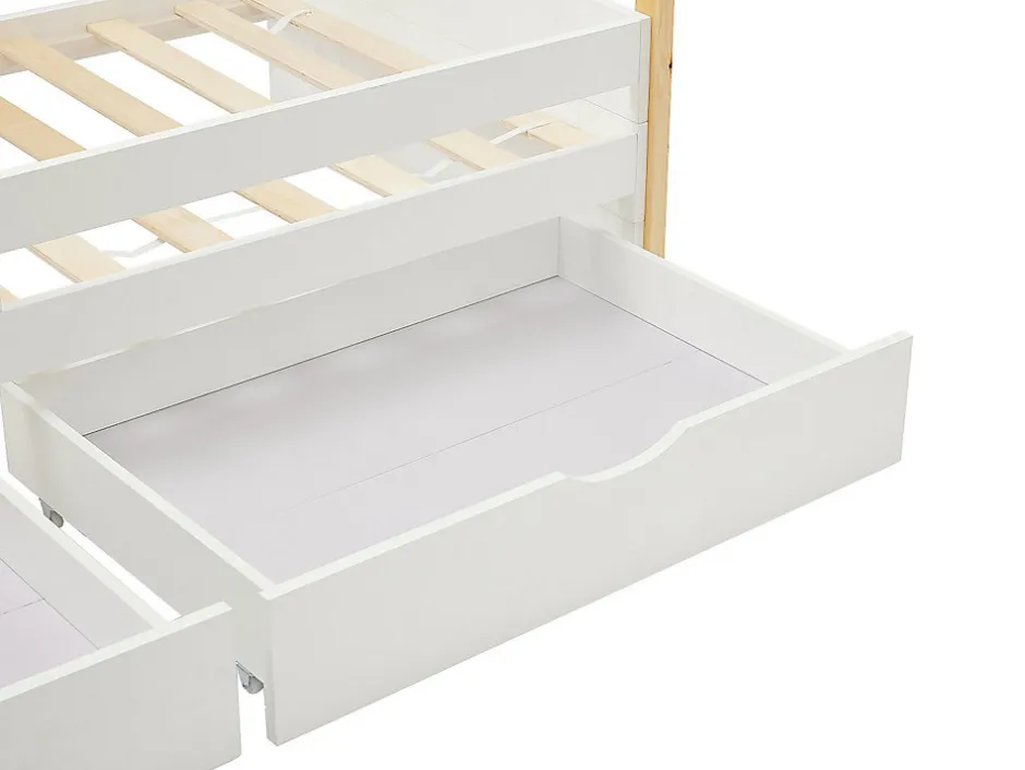 Vente-unique Lit tipi 90 x 190 cm avec tiroirs - Pin et MDF - Coloris : Blanc et naturel - LUANCO