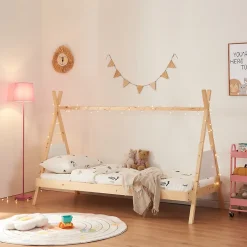 Enfant [En.Casa] Lit tipi pour enfant Siikajoki bois de pin 90 x 200 cm naturel blanc en.casa